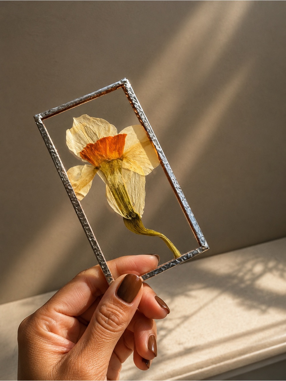 Pressed Daffodil Glass Frame - Yellow & Orange Floral